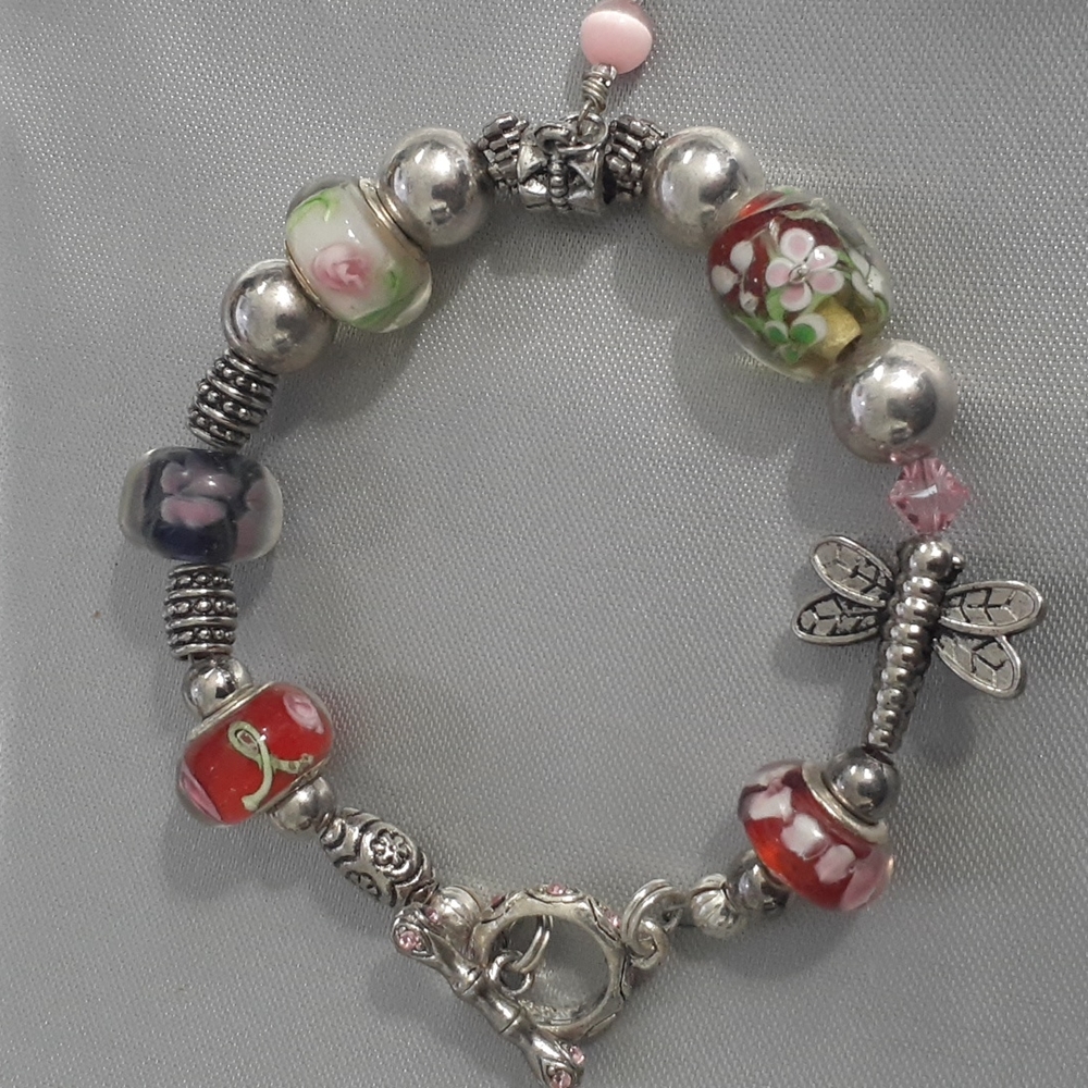 Hand Crafted Dragonfly Murano Bead Bracelet Swarovski Crystal Cats Eye